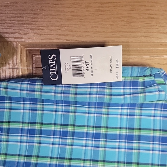 Chaps Boys 4T Button Up Plaid Short Sleeve Shirt with Collar Blue green white - Picture 3 of 7